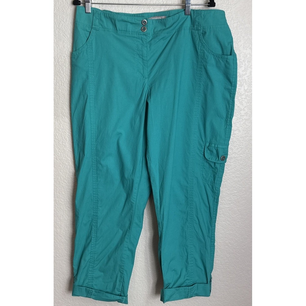 Chicos 2.5 US 14 Womens Teal Green Chino Pants Roll Cuff Pockets Stretch Preppy